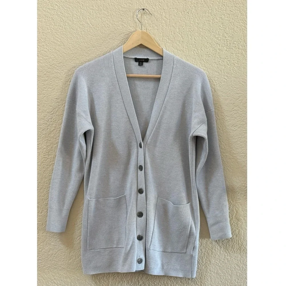 J. Crew Cardigan Ribbed Long Button Long Sleeves Casual Classic Preppy Gray Med